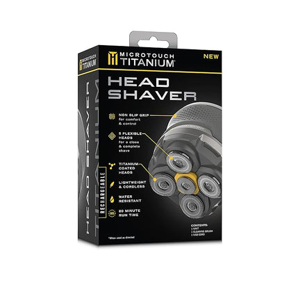 Microtouch Titanium Electric Head Shaver - Rechargeable Head and Face Shaver for Men, Cordless Razor, Hypoallergenic Wet/Dry Shaving, Precision Head Trimmer, Lithium Power, Battery Powered