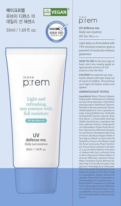 MAKEPREM UVA UVB Defense Me Daily Sun Essence VEGAN Makeup Sunscreen Gel SPF 50+ PA++++ 1.69 Fl Oz Reef-Safe Moisture Sunblock Strong UV Blue Ray Broad Protection Dry Oily Sensitive Acne-Prone Skin