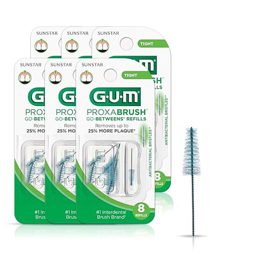 GUM Proxabrush Go-Betweens Refills - Tight - Compatible with GUM Permanent Handle -Reusable Interdental Brushes for Tight Teeth - Soft Bristled Dental Picks, 8 Count (Pack of 6)