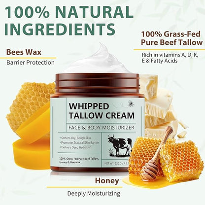 Beef Tallow for Skin, Beef Tallow Moisturizer, 8.4 oz Organic Whipped Grass Fed Beef Tallow with Honey Cream for Face & Body, Unscented