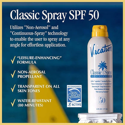 Vacation Classic Spray Sunscreen SPF 50 + Air Freshener Bundle, Broad Spectrum Sunscreen Spray, Vegan Sunblock Spray, Body Spray with SPF, Spray Sunscreen SPF 50, 6 fl. Oz.