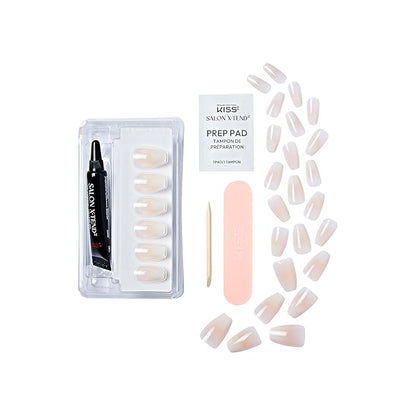 KISS Salon X-tend, Press-On Nails, Nail glue included, 'Words', Light White, Medium Size, Coffin Shape, Includes 30 Nails, 5Ml Led Soft Gel Adhesive, 1 Manicure Stick, 1 New Mini File, New Prep Pad