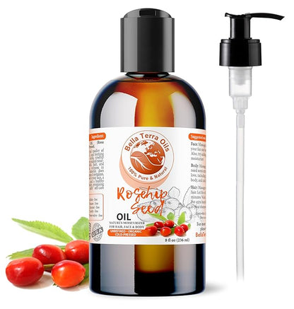 Bella Terra Oils Organic Rosehip Oil for Face, Pure Cold-Pressed Rose Hip Seed Oil for Skin & Hair, Natural Moisturizer & Anti-Aging Facial Oil 8oz
