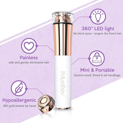 Mini Portable Facial Hair, Lips and Chin Remover Trimmer for Women, Facial Painless Epilator Pen, 18K gold-plated 13mm hypoallergenic rotary head. 360° LED light for Instant and Painless Hair Remover