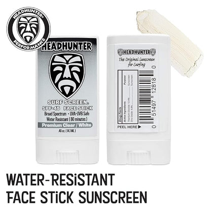 Headhunter Sunscreen Face Stick SPF 45, Waterproof Surf Sunblock for Waterman, Water-Resistant Facial Sunscreen for Ultra-Sport Protection and Solar Defense (80 min), Clear White (3 pack)