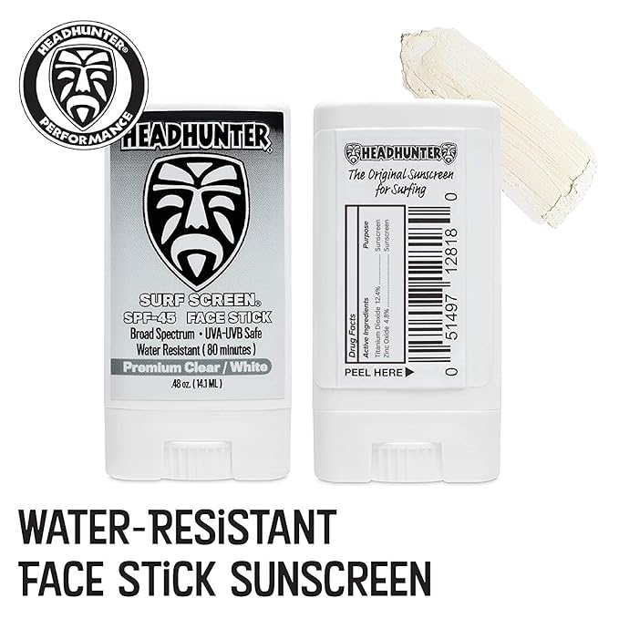 Headhunter Sunscreen Face Stick SPF 45, Waterproof Surf Sunblock for Waterman, Water-Resistant Facial Sunscreen for Ultra-Sport Protection and Solar Defense (80 min), Clear White (2 pack)