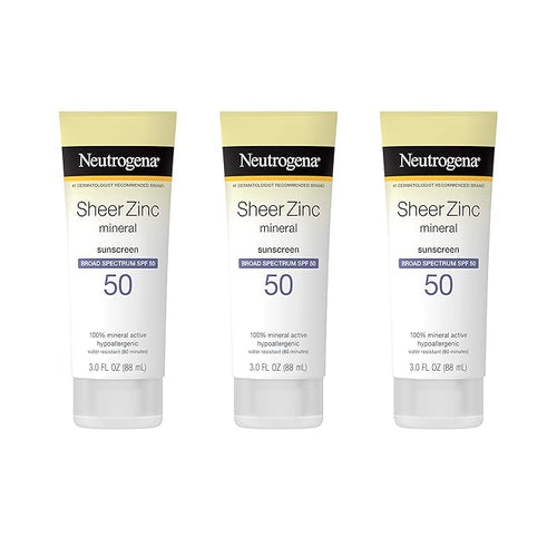 Neutrogena Sheer Zinc Oxide Dry-Touch Mineral Sunscreen Lotion, Broad Spectrum SPF 50 UVA/UVB Protection, Water-Resistant, Hypoallergenic and Non-Greasy, Paraben-Free, 3 fl. oz, Pack of 3
