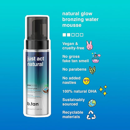 b.tan Clear Self Tanner Bronzing Water Foam | Just Act Natural - Best 1 Hour Express Sunless Tanning Mousse, Dark, Transfer-Free, Enriched With Coconut Water & Vitamin E, Face & Body, 6.7 Fl oz