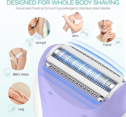 Epilator for Women-Cordless Epilators Hair Removal for Women, 4-in-1 Electric Razor Hair Remover, 2 Speeds & 21 Tweezers for Face Legs Arms Armpit Bikini, Purple HR310