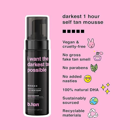 b.tan Dark Self Tanner Kit | Get The Darkest Tan Possible Bundle - Best Dark Self Tanning Mousse w Mitt Applicator, 1 Hour Sunless Tanner, Fast Bronzing Glow, No Fake Tan Smell, Vegan, 6.7 Fl Oz