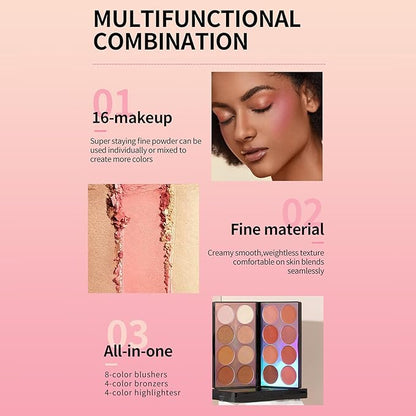 Blusher Contour Highlighter Makeup Palette, 16 Color All-in-One