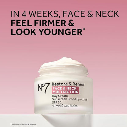 No7 Restore & Renew Face & Neck Multi Action Skincare System - SPF 30 Day Cream with Vitamin C & Collagen Peptides + anti-Aging Facial Serum + Hyaluronic Acid Hydrating Night Cream (3 Piece Kit)