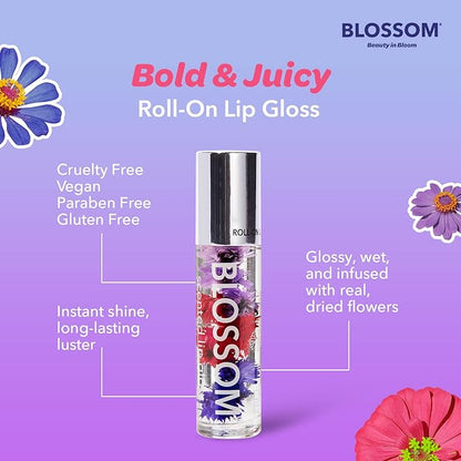 Blossom Roll on Lip Gloss, Scented Clear High Shine Moisturizing Lip Oil, Non Sticky, Infused with Real Flowers, Made in USA, 0.2oz, Bubble Gum
