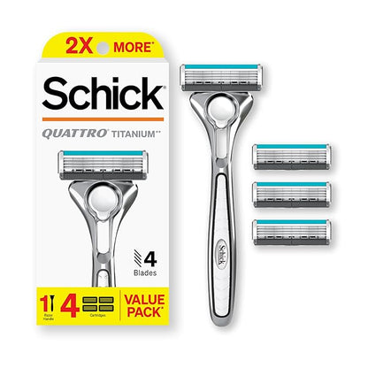 Schick Quattro Titanium Razor, 1 Razor Handle and 4 Cartridges | Shaving Razors for Men, 4 Blade Mens Razors for Shaving, Razor Blades for Men, 1 Handle with 4 Razor Blades Refills