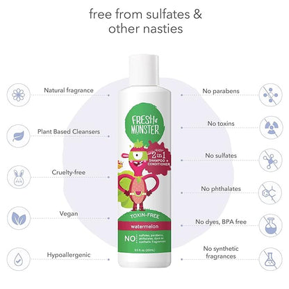 Fresh Monster 2-in-1 Kids Shampoo & Conditioner, Toxin-Free, Hypoallergenic, Tear-free Shampoo & Conditioner for Kids, Watermelon (8.5oz)