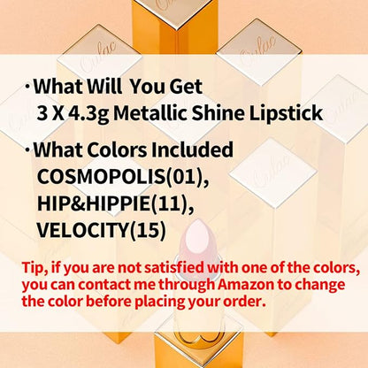 Oulac Metallic Pink Lipstick Set 3PCS High Impact Lipcolor with Moisturizing Formula, Vegan Beauty, Full-Coverage Lip Color, Christmas Gifts for Women, 4.3g X 3PCS