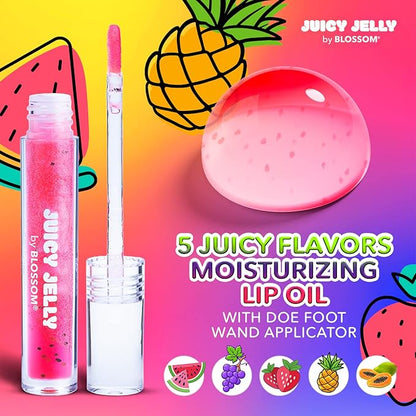 Blossom Scented Roll on Lip Gloss and Juicy Jelly Moisturizing Lip Care Nourishing Lip Oil, 2 Pack, Strawberry