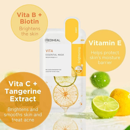 Mediheal Best Korean Sheet Mask - Vita Essential Face Mask 4 Sheets Vitamin Mask For All skin types Smoothing Tightening Toning up Brightening