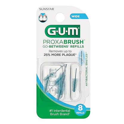 GUM Proxabrush Go-Betweens Refills - Wide - Compatible with GUM Permanent Handle - Reusable Interdental Brushes - Soft Bristled Dental Picks, 8 Count (Pack of 6)