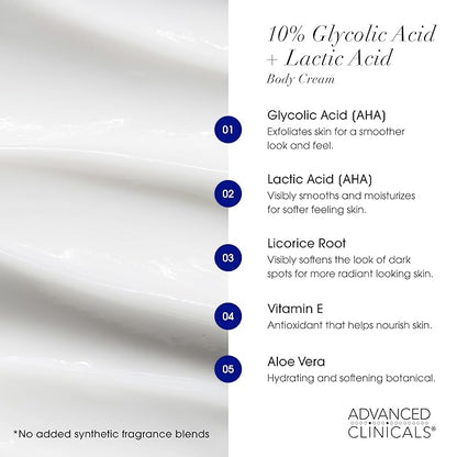 Advanced Clinicals Brightening Vitamin C Body Cream + AHA Exfoliating 10% Glycolic Acid & Lactic Acid Lotion 2PC Skincare Set For Women & Men To Reduce Appearance Of Dark Spots & Uneven Skin Tone