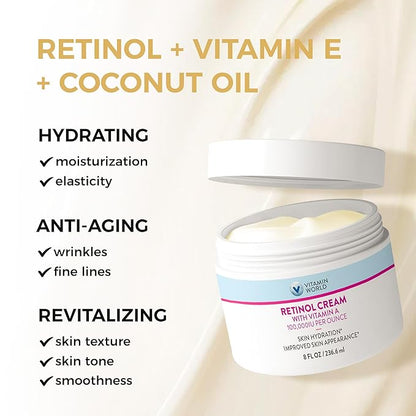 Vitamin World Retinol Cream 100,000 IU 8 oz., Gentle Retinol Night Cream for Face with Retinyl Palmitate & Dual Vitamin E & Coconut Oil, Face Moisturizer, Anti-Aging Wrinkle Cream