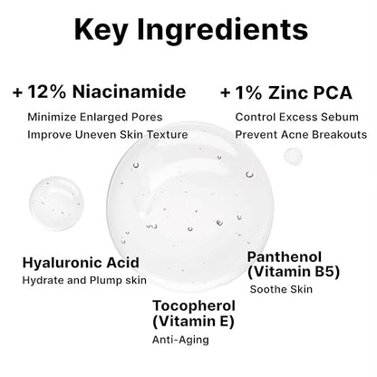 12% Niacinamide Serum with 1% Zinc PCA, Pore Minimizer for Face, Control Excess Oil and Sebum, Improve Uneven Skin Tone, Discoloration Correcting, Fast Absorbing, Korean Skincare, 1Fl Oz