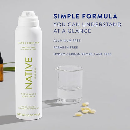 Native Deodorant & Body Spray Contains Naturally Derived Ingredients | Deodorant for Women and Men, All Day Odor Protection, Aluminum and Hydrocarbon Propellant Free | Aloe & Green Tea
