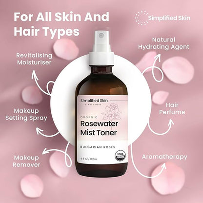 Rose Water Spray for Face & Hair - Organic USDA Certified Rosewater Facial Toner - Alcohol-Free Makeup Setting Hydrating Face Mist - Anti-Aging Toner Spray - 4 Oz
