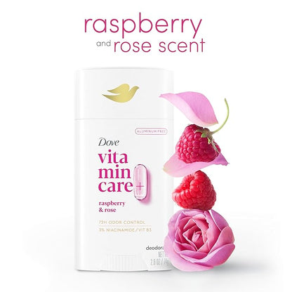 Dove VitaminCare+ Aluminum Free Deodorant Stick for 72H Odor Protection Raspberry & Rose Breathable Deodorant for Women 2.6 oz