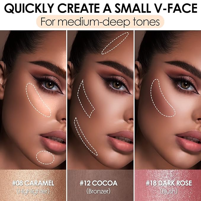 FOCALLURE 3 Pcs Cream Contour Sticks,Shades with Highlighter Finishing Makeup,MEDIUM-DEEP