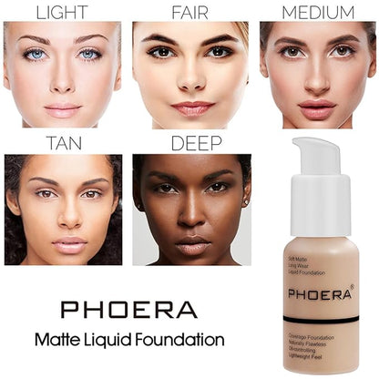 PHOERA Foundation Full Coverage,3Pcs Lip Liner and Lipstick Porcelain+Lip SetA)