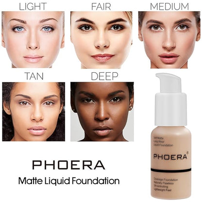 PHOERA Foundation Full Coverage,3Pcs Lip Liner and Lipstick Sand+Lip SetA)