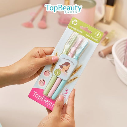 Paris Women Facial Eco Razors - 3 pcs per pack - Wheat Straw Eyebrow Razors - Multipurpose Facial Body Hair Peach Fuzz Removal Trimmer Shaver - Dermaplaning Tool - Protective Safety Cover