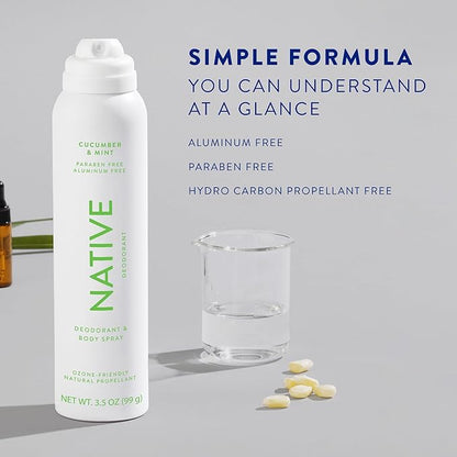 Native Deodorant & Body Spray Contains Naturally Derived Ingredients | Deodorant for Women and Men, All Day Odor Protection, Aluminum and Hydrocarbon Propellant Free | Cucumber & Mint