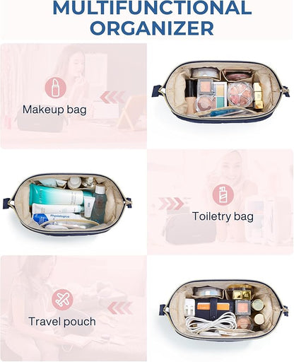 BAGSMART Makeup Bag Travel Toiletry Bag, Puffy Padded Make Up Bags for Women Makeup Organizer Case, Wide-open Pouch Purse Travel Essentials Toiletries Accessories Brushes, Navy Blue