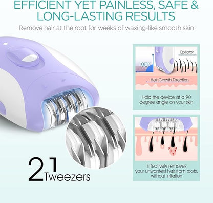 Epilator for Women-Cordless Epilators Hair Removal for Women, 4-in-1 Electric Razor Hair Remover, 2 Speeds & 21 Tweezers for Face Legs Arms Armpit Bikini, Purple HR310