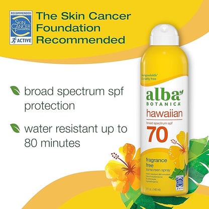 Alba Botanica Sunscreen Spray for Face and Body, Broad Spectrum SPF 70 Sunscreen, Hawaiian Coconut, Water Resistant and Biodegradable, 5 fl. oz. Bottle