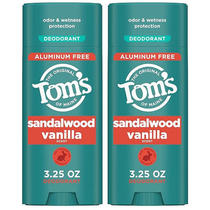 Tom's of Maine Sandalwood Vanilla Aluminum Free Natural Deodorant For Women & Men | Goes on Clear | Odor & Wetness Protection | Naturally Derived and Moisture-Locking Ingredients | 3.25 oz (2 Pack)