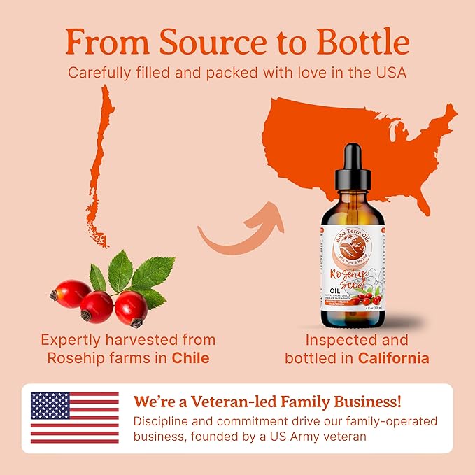 Bella Terra Oils Organic Rosehip Oil for Face, Pure Cold-Pressed Rose Hip Seed Oil for Skin & Hair, Natural Moisturizer & Anti-Aging Facial Oil