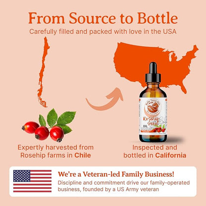 Bella Terra Oils Organic Rosehip Oil for Face, Pure Cold-Pressed Rose Hip Seed Oil for Skin & Hair, Natural Moisturizer & Anti-Aging Facial Oil