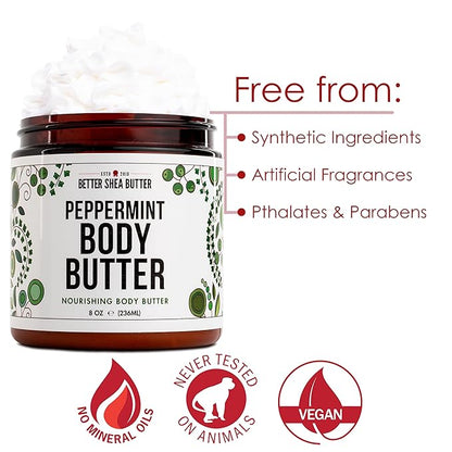 Whipped PEPPERMINT Body Butter for Dry Skin | Body Moisturizer for Women and Men | With Raw Shea Butter | Paraben Free, No Synthetic Fragrances, Non-Greasy Body Cream | 8 oz