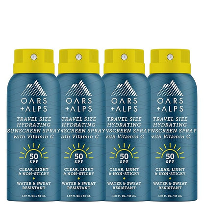 Travel Sunscreen Spray for Face & Body, SPF 50 Spray Sunscreen Infused with Vitamin C & Antioxidants, No White Residue, Water & Sweat Resistant, Lightweight, Hydrating, 1.87oz, 4pk