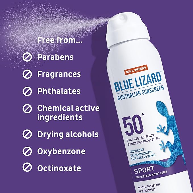 BLUE LIZARD Sport Mineral Sunscreen Spray SPF 50+, Dermatologist-Recommended Brand, Broad-Spectrum UVA/UVB Protection, Water-Resistant, Zinc Oxide Formula, Vegan, 5 fl oz (Pack of 2)