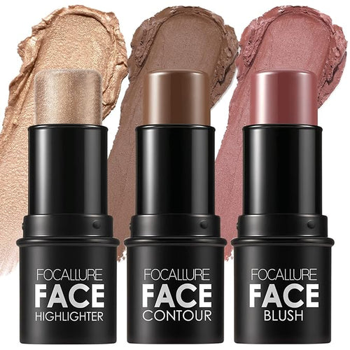 FOCALLURE 3 Pcs Cream Contour Sticks,Shades with Highlighter Finishing Makeup,MEDIUM-DEEP