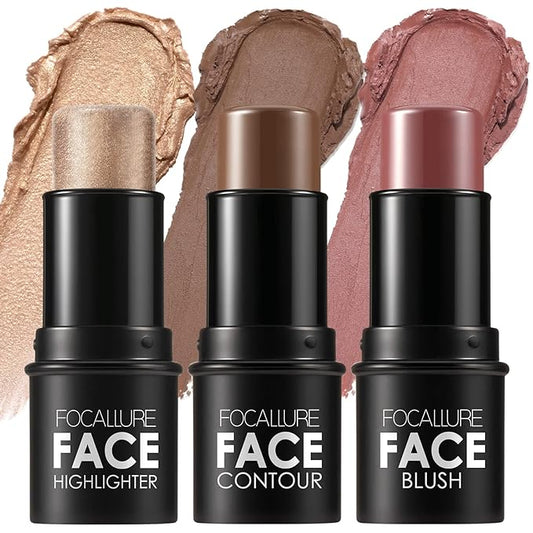 FOCALLURE 3 Pcs Cream Contour Sticks,Shades with Highlighter Finishing Makeup,MEDIUM-DEEP