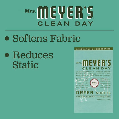 MRS. MEYER'S CLEAN DAY Dryer Sheets, Fabric Softener, Reduces Static, Infused with Essential Oils, Basil, 80 Count