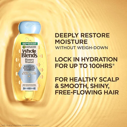 Garnier Whole Blends Honey Water Moisture Restoring Shampoo, Hair Care for Dry Hair and Dry Scalp with Honey Nectar and Floral Water, 28 Fl Oz