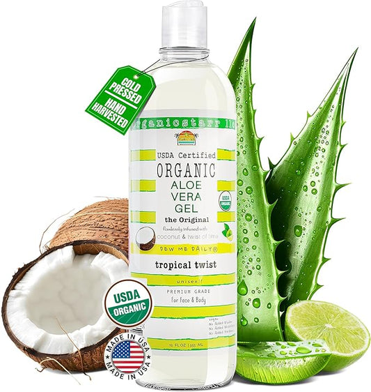 USDA Certified Organic Aloe Vera Gel 12 oz - 100% Pure, Cold Pressed, Hand Harvested, Infused with Coconut, Lime & Verbena Essential Oils, Chemical-Free - Skin & Hair Care, Made in USA
