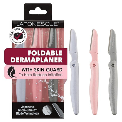 JAPONESQUE Foldable Dermaplaner Facial Razors - 3 Piece Set, Eyebrow And Facial Hair Razor Kit - One Blade Fixed Dermaplane Razor For Women Multicolor