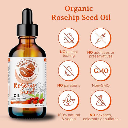 Bella Terra Oils Organic Rosehip Oil for Face, Pure Cold-Pressed Rose Hip Seed Oil for Skin & Hair, Natural Moisturizer & Anti-Aging Facial Oil